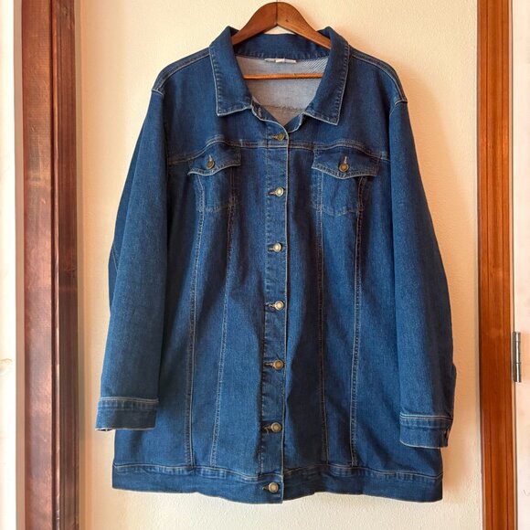 Woman Within Long Stretch Denim Jacket Jeans Medium Wash Pockets Plus Size 26 W - Picture 1 of 6